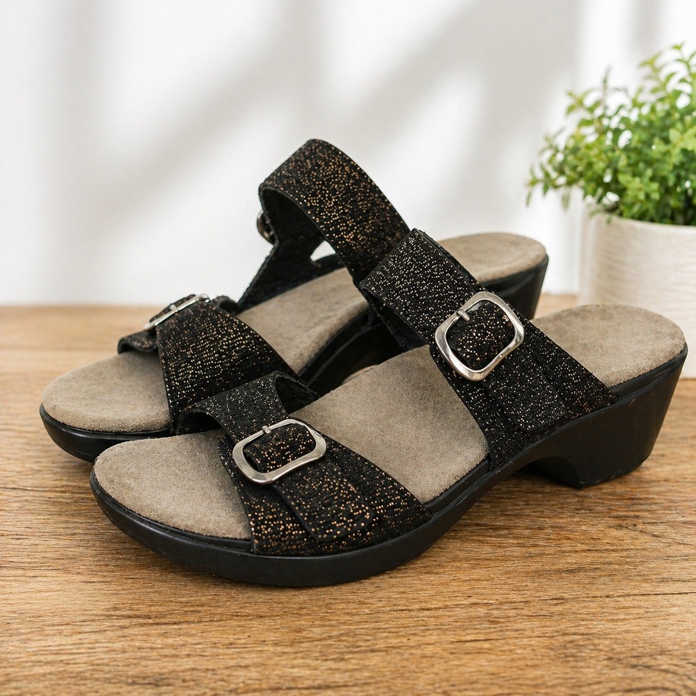 Dansko Leather Wedge Sandals Womens 7 EU 38 Black Comfort‎ Slide Buckle